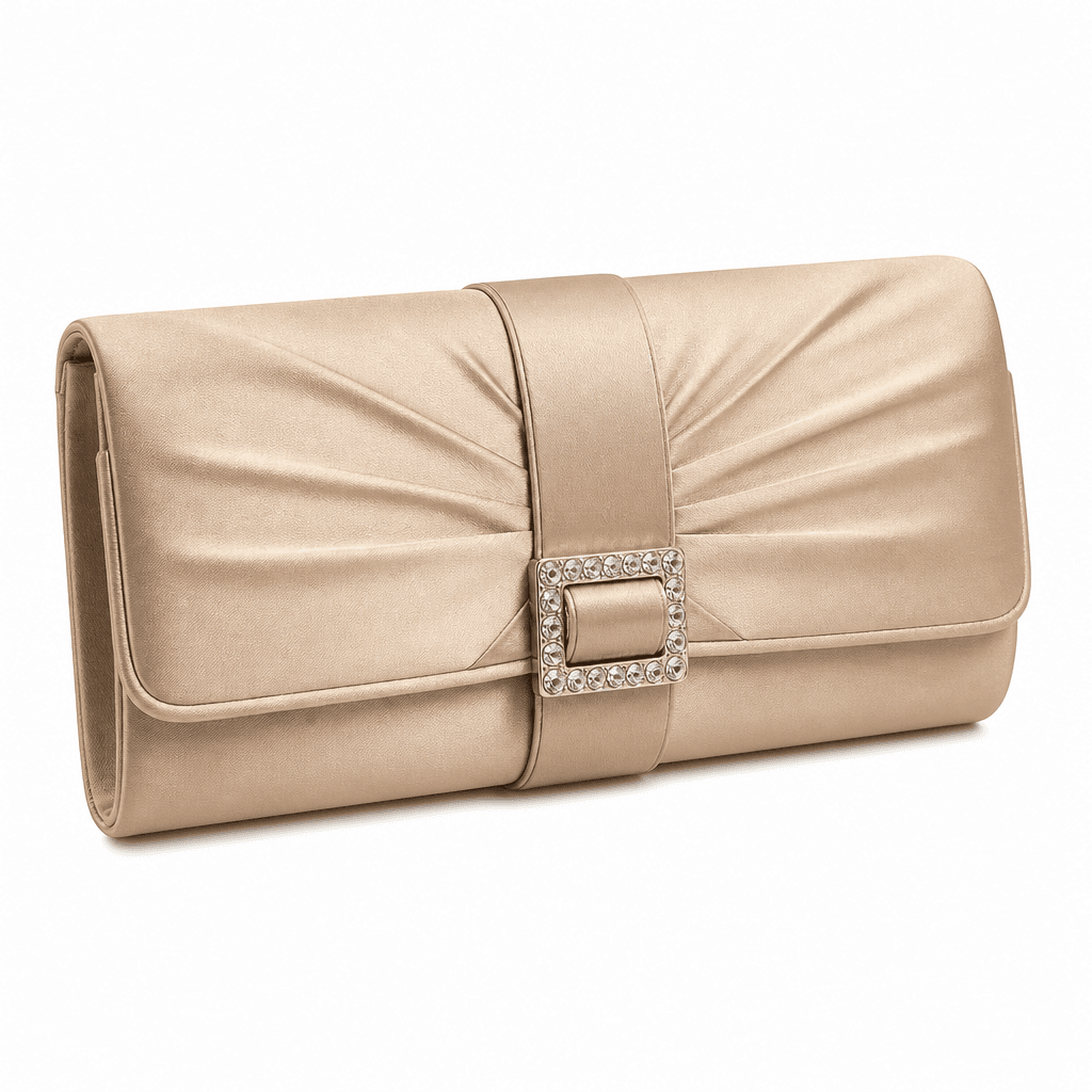 Halo Evening Clutch in Champagne, front three-quarter view on white background