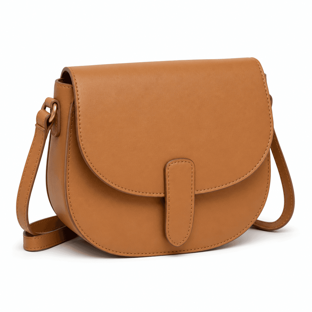 Mira Saddle Crossbody Bag in Camel, front three-quarter view on white background