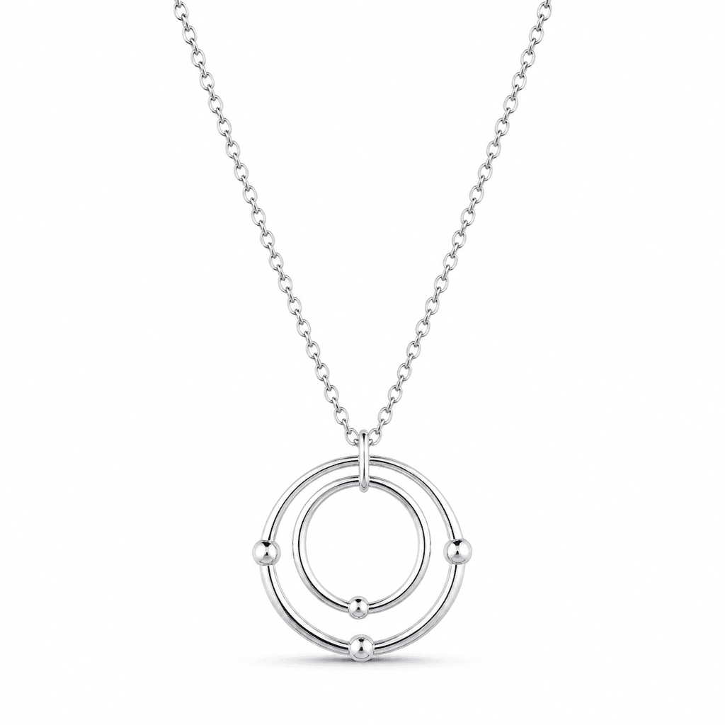 Orbit Pendant Necklace, Silver Tone, macro view on white background