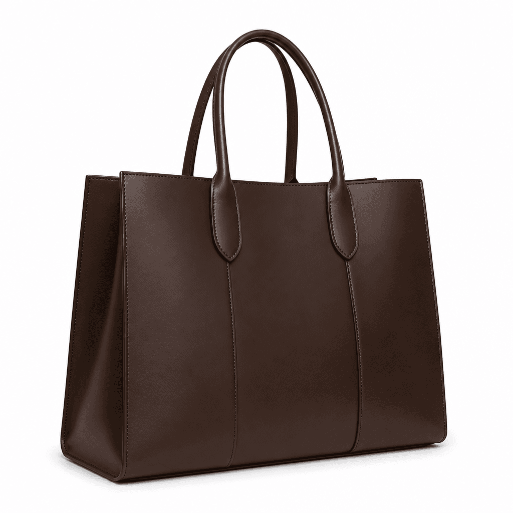 Orion Work Tote in Espresso, front three-quarter view on white background